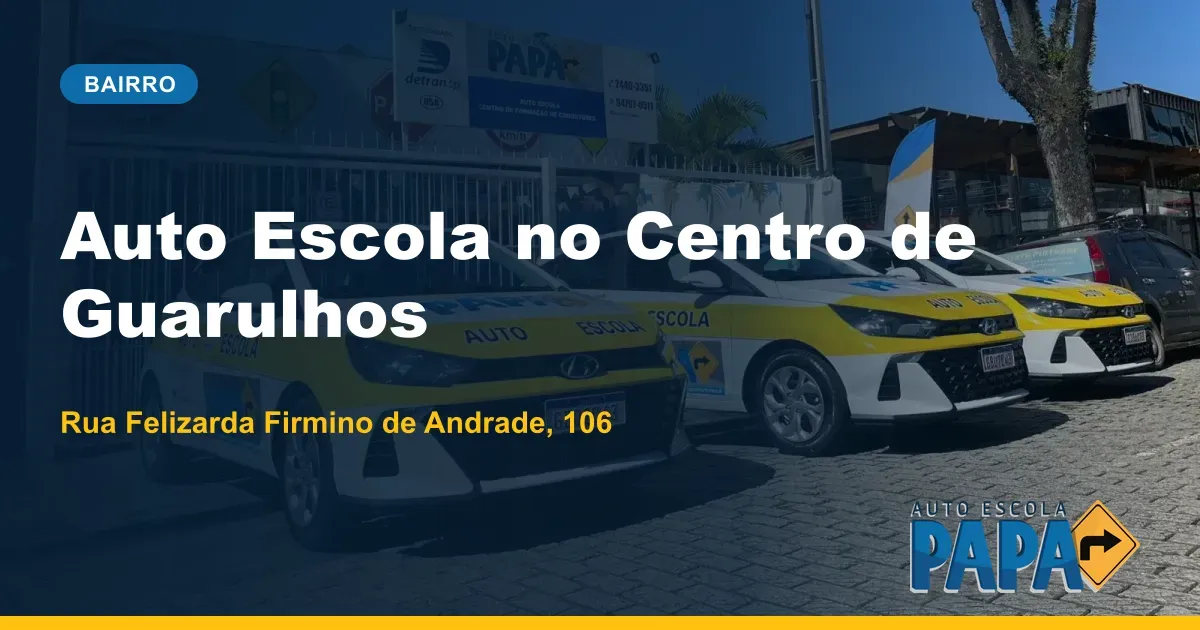 Fachada da Auto Escola PAPA no Centro de Guarulhos com HB20 0km da frota estacionados