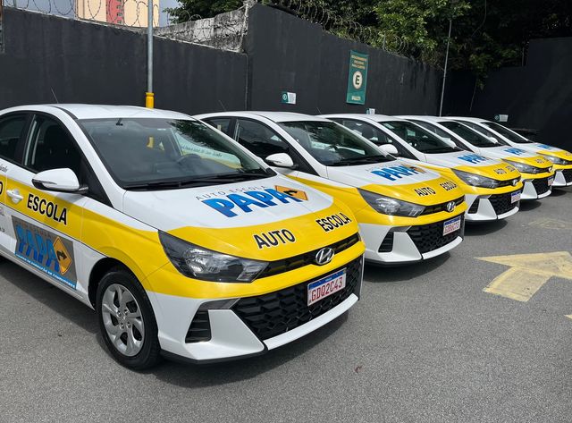 Fila de HB20 0km adesivados da Auto Escola PAPA